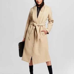 Who What Wear Large L Camel Tan Faux Wool Belted Wrap Style Trench Long Coat